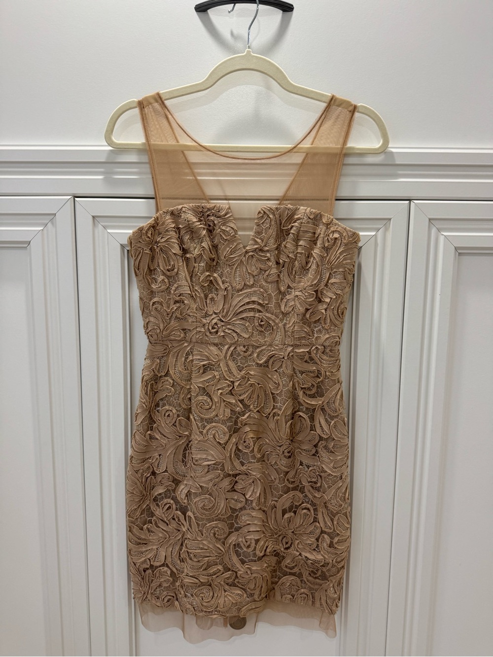 BCBGMaxAzria Nude Tan Lace-Detail Mesh Yoke Mini Dress
